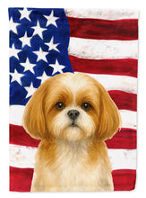 Load image into Gallery viewer, Gold and White Shih Tzu American Flag House Flag