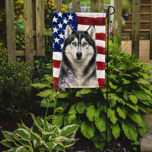 Load image into Gallery viewer, Black and White Siberian Husky American Flag Garden Flag