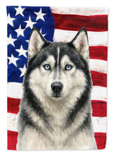 Load image into Gallery viewer, Black and White Siberian Husky American Flag Garden Flag