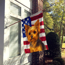 Load image into Gallery viewer, Black and Tan Yorkshire Terrier American Flag House Flag