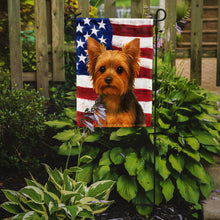 Load image into Gallery viewer, Black and Tan Yorkshire Terrier American Flag Garden Flag