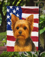 Load image into Gallery viewer, Black and Tan Yorkshire Terrier American Flag Garden Flag