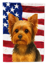 Load image into Gallery viewer, Black and Tan Yorkshire Terrier American Flag Garden Flag
