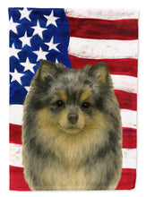 Load image into Gallery viewer, Blue Merle Pomeranian American Flag Garden Flag