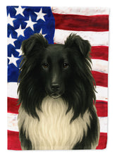 Load image into Gallery viewer, Black and White Sheltie American Flag House Flag