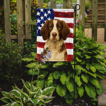 Load image into Gallery viewer, Liver and White Brittany American Flag Garden Flag