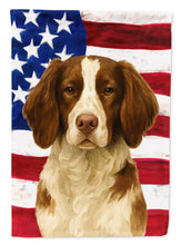 Load image into Gallery viewer, Liver and White Brittany American Flag Garden Flag