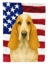 Load image into Gallery viewer, Lemon and White Basset Hound American Flag House Flag