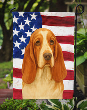 Load image into Gallery viewer, Red and White Basset Hound American Flag Garden Flag