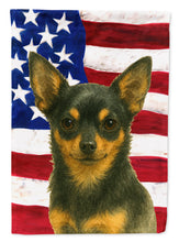 Load image into Gallery viewer, Black and Tan Chihuahua American Flag Garden Flag