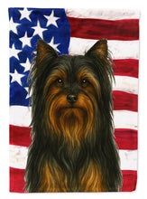 Load image into Gallery viewer, Black and Tan Longhaired Yorkshire Terrier American Flag House Flag