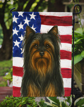 Load image into Gallery viewer, Black and Tan Longhaired Yorkshire Terrier American Flag Garden Flag