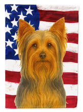 Load image into Gallery viewer, Blue and Tan Longhaired Yorkshire Terrier American Flag House Flag