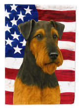 Load image into Gallery viewer, Black and Tan Airedale Terrier American Flag Garden Flag