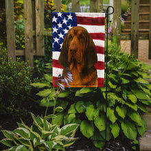 Load image into Gallery viewer, Liver and Tan Bloodhound American Flag Garden Flag