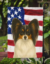 Load image into Gallery viewer, White with Black and Tan Papillon American Flag Garden Flag