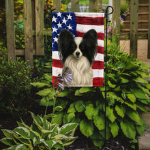 Load image into Gallery viewer, White with Black Papillon American Flag Garden Flag