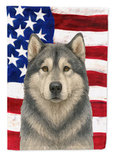 Load image into Gallery viewer, Gray and White Alaskan Malamute American Flag Garden Flag