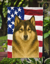 Load image into Gallery viewer, Sable and White Alaskan Malamute American Flag Garden Flag