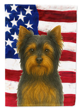 Load image into Gallery viewer, Black and Tan Biewer Terrier American Flag House Flag