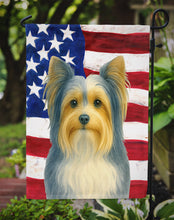 Load image into Gallery viewer, Blue and Gold Biewer Terrier American Flag Garden Flag