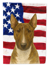 Load image into Gallery viewer, Brindle and White Bull Terrier American Flag House Flag