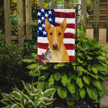 Load image into Gallery viewer, Fawn and White Bull Terrier American Flag Garden Flag