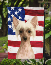 Load image into Gallery viewer, Hairless Pink and Chocolate Chinese Crested American Flag Garden Flag