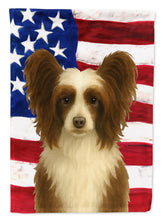 Load image into Gallery viewer, Chocolate and White Powderpuff Chinese Crested American Flag House Flag