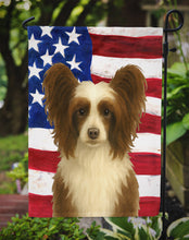 Load image into Gallery viewer, Chocolate and White Powderpuff Chinese Crested American Flag Garden Flag