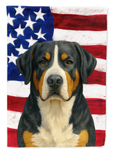 Load image into Gallery viewer, Greater Swiss Mountain Dog American Flag Garden Flag