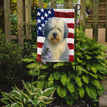 Load image into Gallery viewer, Blue and White Old English Sheepdog American Flag Garden Flag