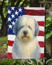 Load image into Gallery viewer, Blue and White Old English Sheepdog American Flag Garden Flag