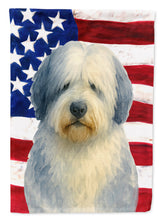 Load image into Gallery viewer, Blue and White Old English Sheepdog American Flag Garden Flag