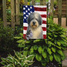 Load image into Gallery viewer, Gray and White Old English Sheepdog American Flag Garden Flag
