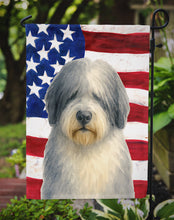 Load image into Gallery viewer, Gray and White Old English Sheepdog American Flag Garden Flag