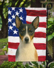Load image into Gallery viewer, Black and White Rat Terrier American Flag Garden Flag