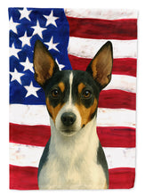Load image into Gallery viewer, Tri-color Rat Terrier American Flag House Flag