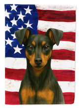 Load image into Gallery viewer, Black and Rust Miniature Pinscher American Flag House Flag