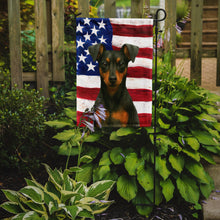 Load image into Gallery viewer, Black and Rust Miniature Pinscher American Flag Garden Flag