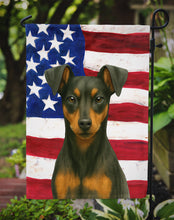 Load image into Gallery viewer, Black and Rust Miniature Pinscher American Flag Garden Flag