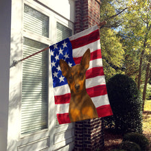 Load image into Gallery viewer, Chocolate and Rust Miniature Pinscher American Flag House Flag