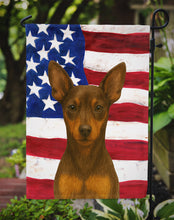Load image into Gallery viewer, Chocolate and Rust Miniature Pinscher American Flag Garden Flag