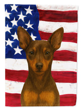 Load image into Gallery viewer, Chocolate and Rust Miniature Pinscher American Flag Garden Flag