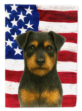 Load image into Gallery viewer, Black and Tan Norfolk Terrier American Flag House Flag