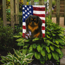 Load image into Gallery viewer, Black and Tan Pekingese American Flag Garden Flag