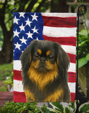 Load image into Gallery viewer, Black and Tan Pekingese American Flag Garden Flag