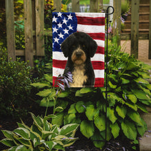 Load image into Gallery viewer, Black and White Portuguese Water Dog American Flag Garden Flag