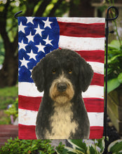Load image into Gallery viewer, Black and White Portuguese Water Dog American Flag Garden Flag