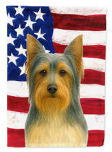 Load image into Gallery viewer, Blue and Tan Silky Terrier American Flag House Flag